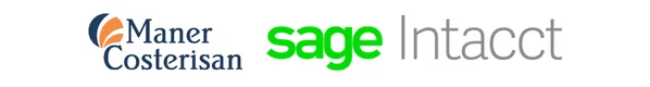 Logos of Maner Costerisan on the left and Sage Intacct on the right, both showcasing their brand names in distinct colors and fonts on a white background, highlighting recent Sage Intacct Updates.
