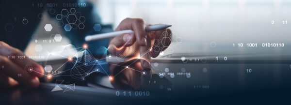 A person uses a stylus on a digital tablet with abstract graphics, data points, hexagons, and binary code overlays, representing technology, modern ERP solutions, data analysis, and digital innovation.