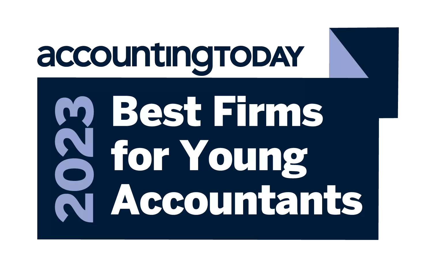 Logo reading accountingTODAY 2023 Best Firms for Young Accountants in bold blue and white text, with a folded corner graphic in the top right.