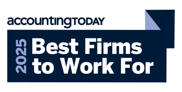 A blue and white graphic with the text accountingTODAY 2025 Best Firms to Work For in bold, with a folded page corner design in the top right.