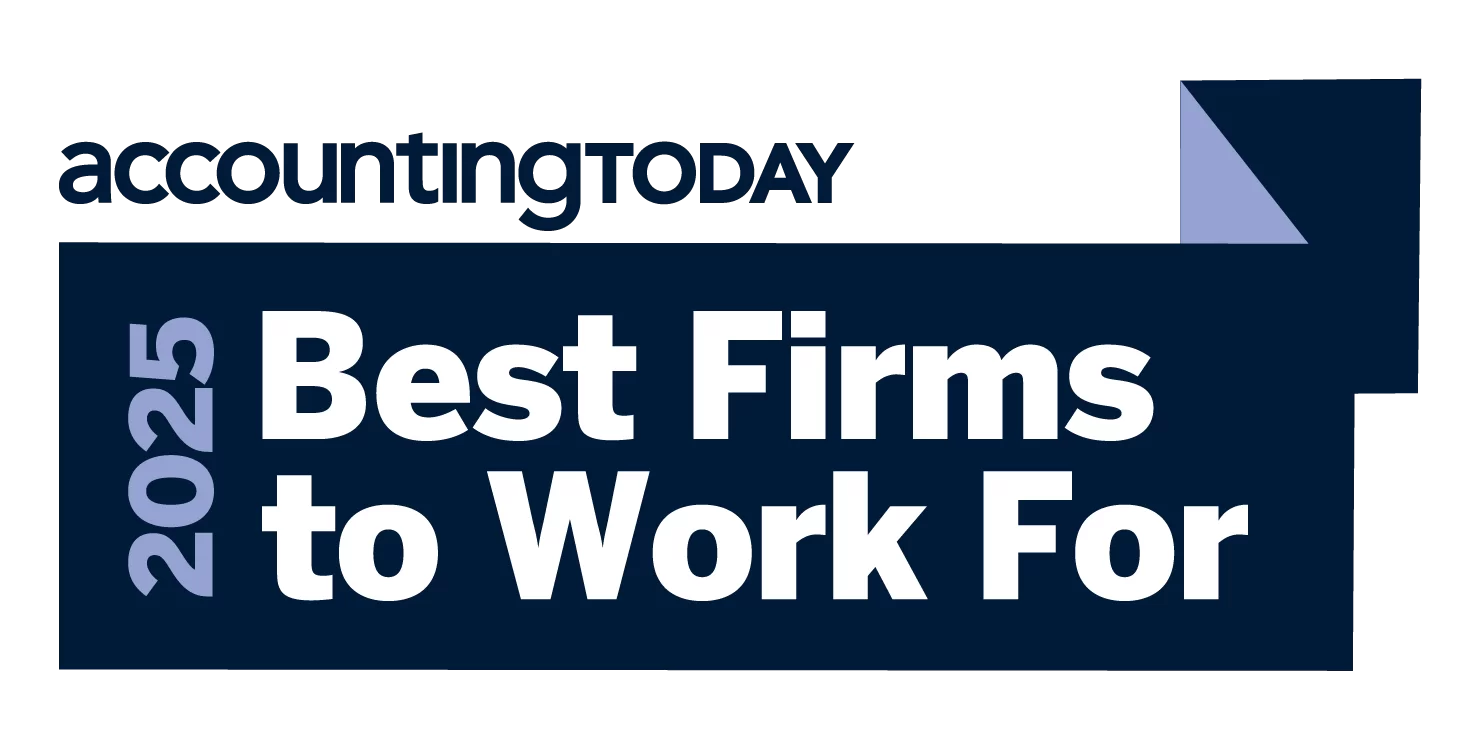 A graphic with the text accountingTODAY 2025 Best Firms to Work For in bold white and blue letters on a dark blue background with a folded corner design in the top right.