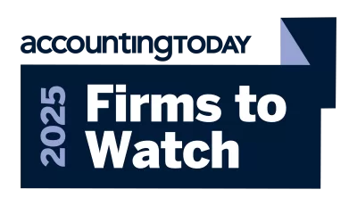 Logo with the text accounting TODAY at the top and 2025 Firms to Watch in bold white letters on a dark blue background, with a geometric shape in the corner.