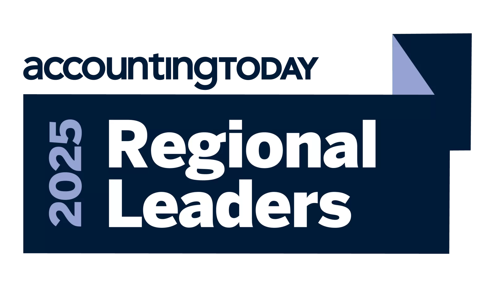 A dark blue and white graphic with the text: accountingTODAY 2025 Regional Leaders in bold lettering, featuring geometric shapes in the background.