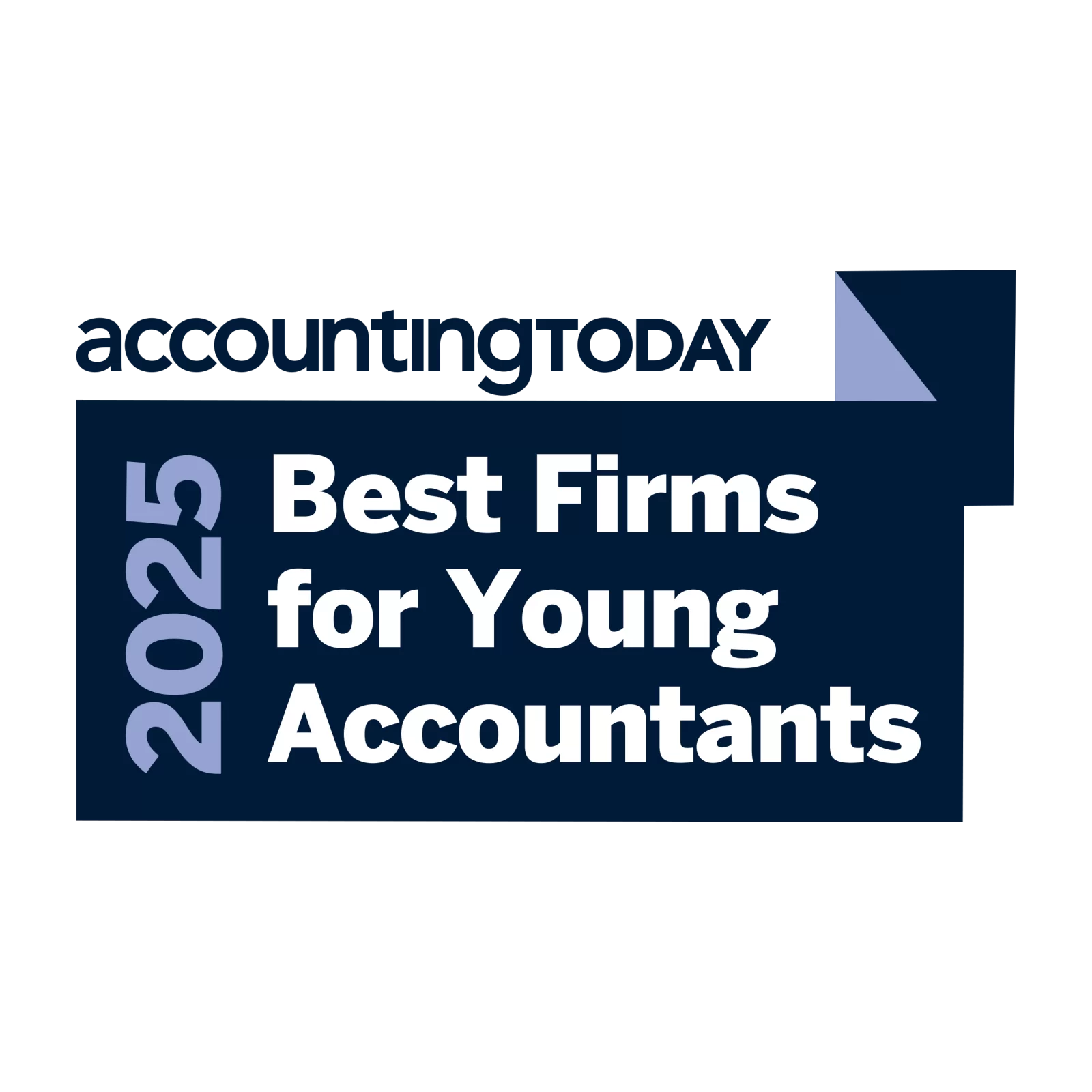 A dark blue graphic with the text accountingTODAY and 2025 Best Firms for Young Accountants in bold white letters, featuring a folded corner design.