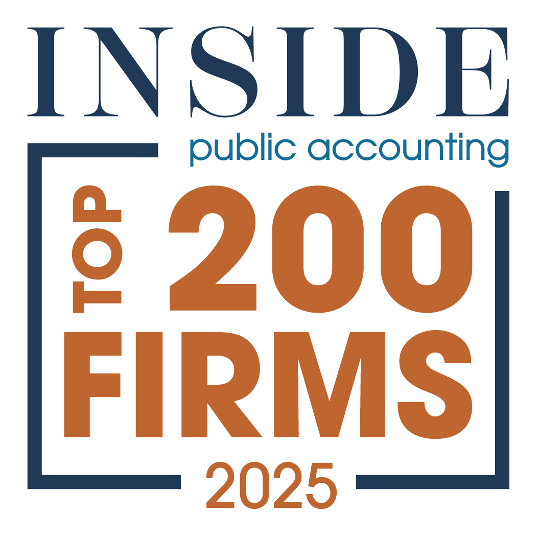 Logo with text INSIDE Public Accounting Top 200 Firms 2025 in blue and orange letters on a white background.