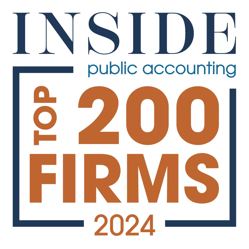 Logo for INSIDE Public Accounting’s Top 200 Firms 2024, with bold blue and orange text and a square border highlighting the achievement.