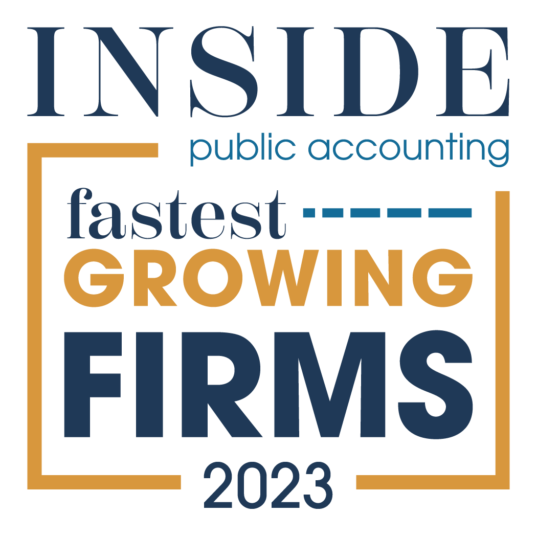 Logo reading INSIDE Public Accounting Fastest-Growing Firms 2023 with words in blue and gold, plus gold lines framing fastest-GROWING FIRMS.