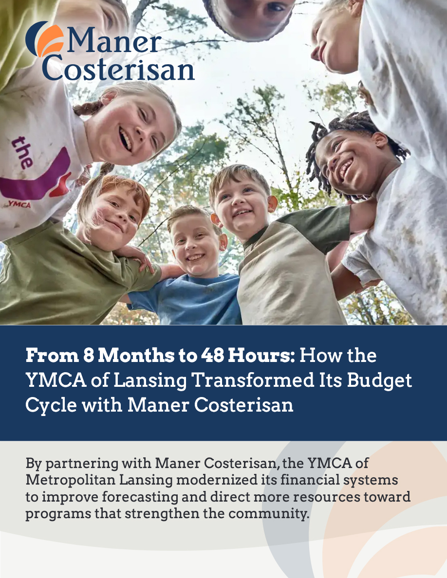 A group of smiling children in casual clothes stand in a circle outdoors, arms around each other. The image promotes a partnership between Maner Costerisan and the YMCA of Lansing to improve financial processes.