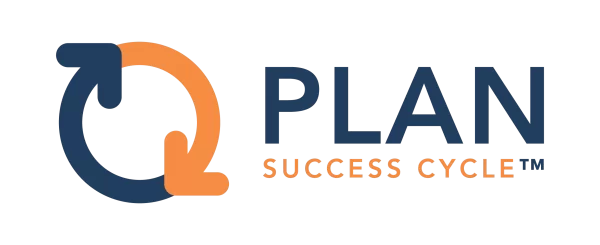 Logo with two curved arrows forming a circle next to the words “PLAN SUCCESS CYCLE™” in blue and orange on a black background.