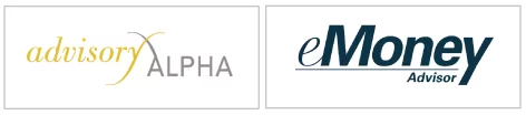 Two logos side by side: one for Advisory Alpha, with advisory in yellow script and ALPHA in gray; and one for eMoney Advisor, with eMoney in bold blue and Advisor underneath.