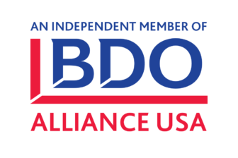 Logo with the text An Independent Member of BDO Alliance USA. BDO is in large blue letters with red accents, and the rest of the text is in smaller blue and red capital letters on a light background.