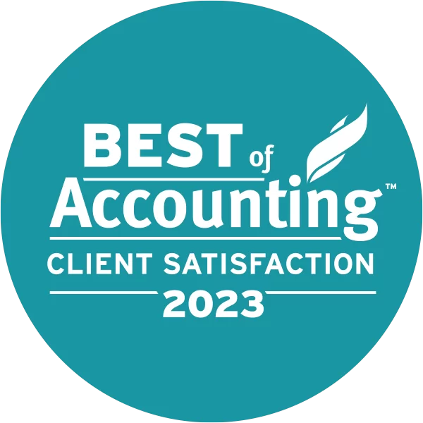 A teal circular badge with white text that reads: Best of Accounting Client Satisfaction 2023, with a stylized feather design next to the word Accounting.