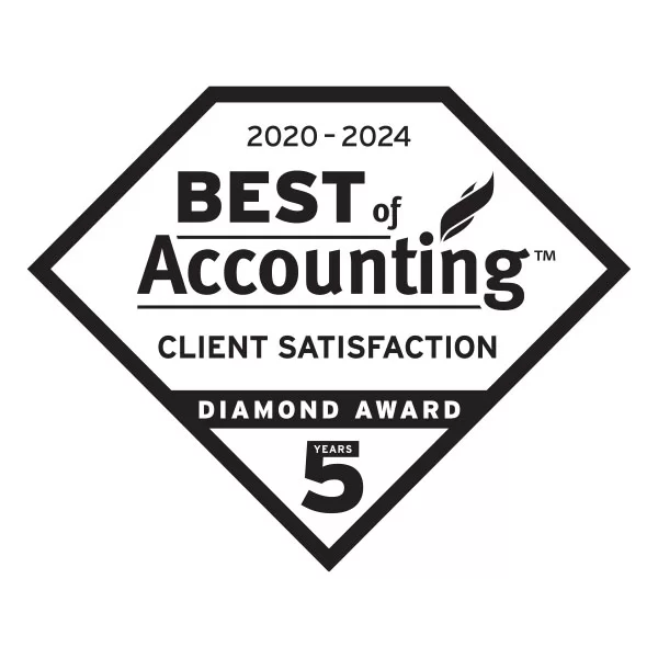 A diamond-shaped badge reading 2020-2024 BEST of Accounting Client Satisfaction Diamond Award 5 Years. The badge is black and white with bold, clear text.