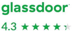 Glassdoor logo in green above a 4.3 out of 5 rating, shown with four full green stars and one half star.