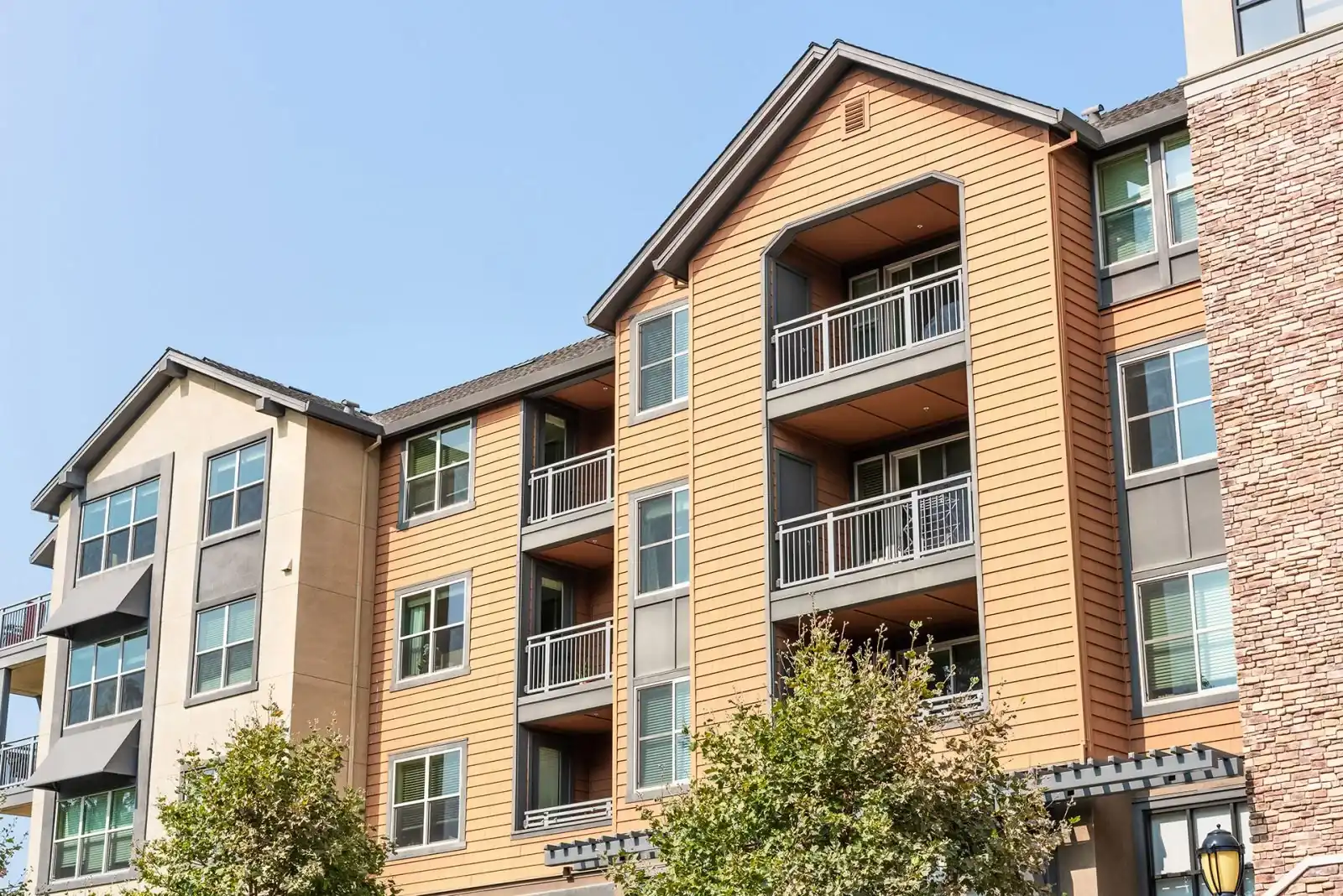 A modern apartment building with beige and orange siding, large windows, and balconies, set against a clear blue sky. Green trees are visible in front of the building.