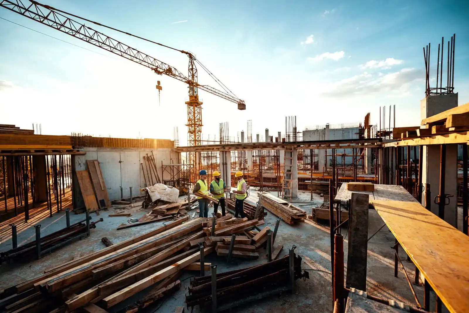 Three construction workers in safety vests and helmets stand on a busy building site with scattered wooden planks, metal beams, and a crane in the background under a bright sky.