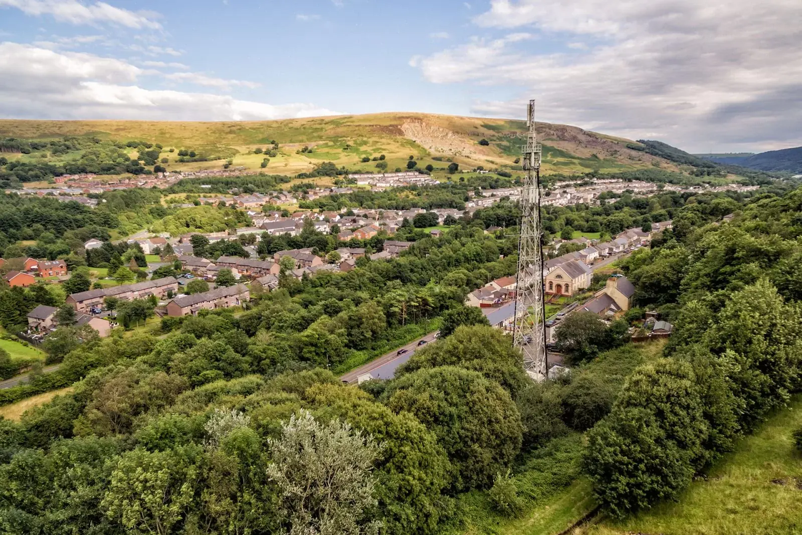 A tall cell tower stands among green trees, with a residential neighborhood and rolling hills in the background under a partly cloudy sky.