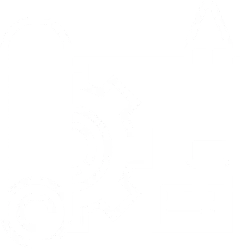 White line icon showing a rolled-up blueprint, a pencil, a gear, and a rectangular card, all symbolizing engineering, technical design, or architectural planning, on a black background.