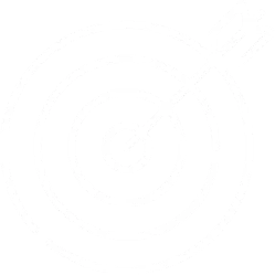 A white outline of a bullseye target with concentric circles and an arrow hitting the center, all on a black background.