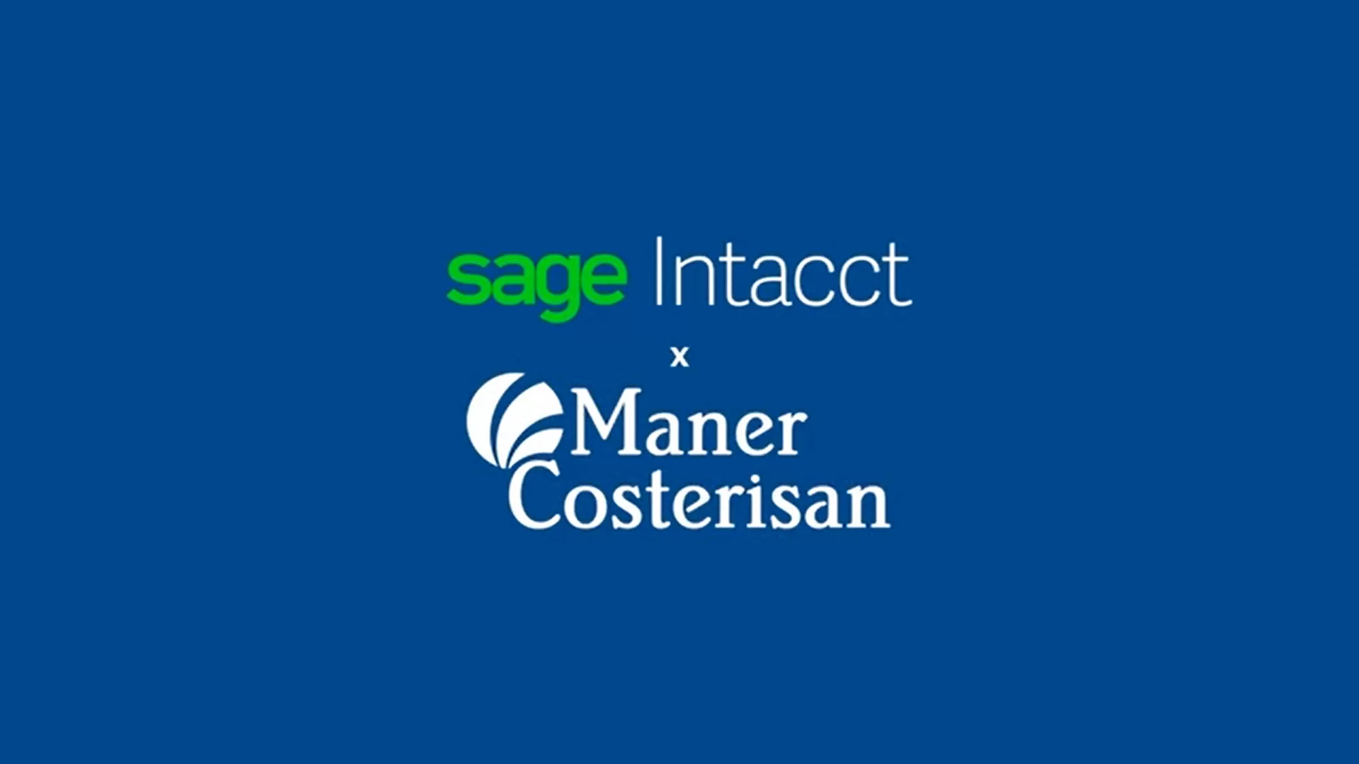 Logo for a collaboration between Sage Intacct and Maner Costerisan on a blue background, with sage in green and Intacct in white above the Maner Costerisan logo in white.