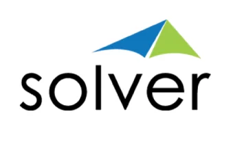 The image shows the word solver in lowercase black letters, with a blue and green geometric shape resembling a stylized roof or mountain above the text.