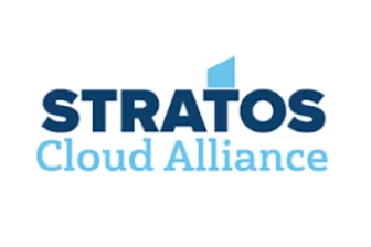 Stratos Cloud Alliance logo with STRATOS in bold navy letters, featuring a blue geometric shape above the A, and Cloud Alliance in light blue text below.