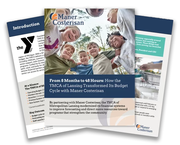 A brochure for Maner Costerisan features a group of smiling children in a huddle and text about how the YMCA of Lansing improved its budget cycle with Maner Costerisan’s help. Other brochure pages are partially visible behind.