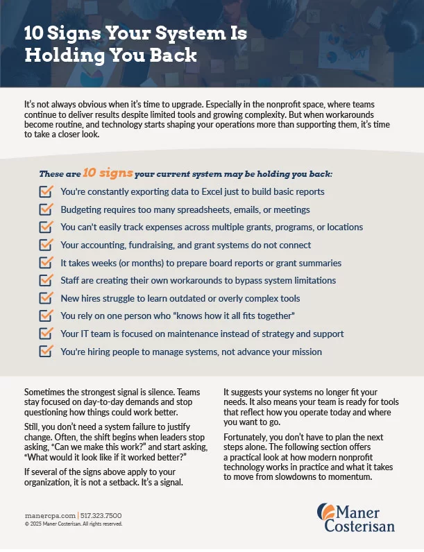 Infographic titled “10 Signs Your System Is Holding You Back” listing signs like overusing manual Excel, tedious processes, difficulty accessing data, workarounds, and poor reporting, with advice at the bottom.