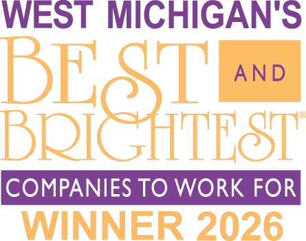 Logo reading West Michigans Best and Brightest Companies to Work For Winner 2026 in purple and gold text on a white background.