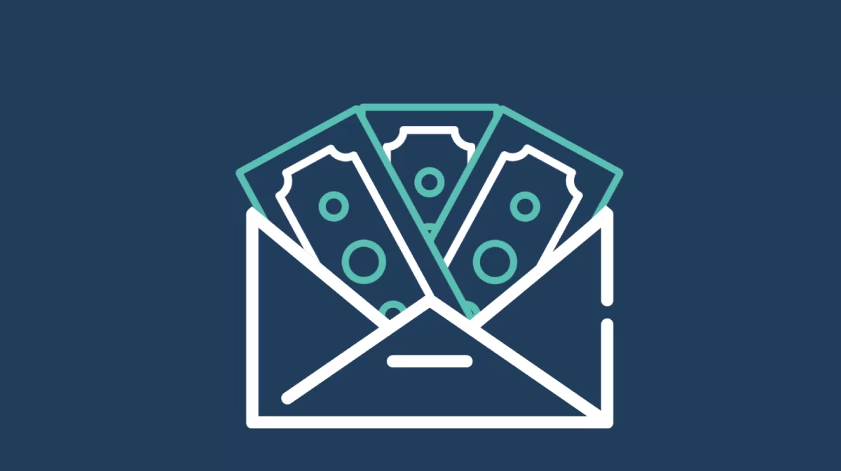 An illustration of an open envelope with three paper bills sticking out, depicted in simple white and green lines on a dark blue background.