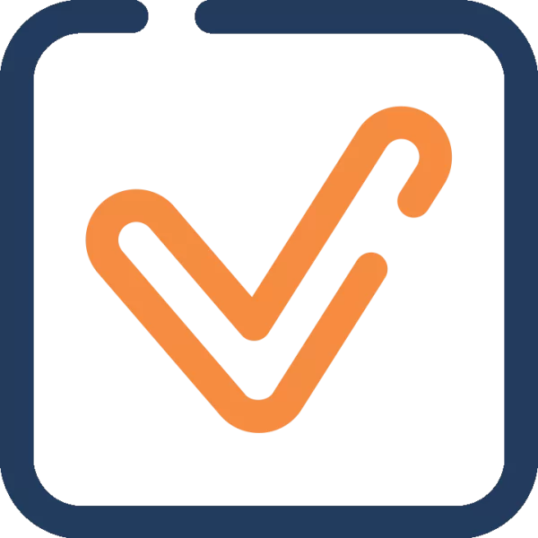 An orange check mark icon with rounded edges is centered on a black background, enclosed within a blue square outline with rounded corners.