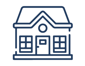 Simple line drawing of a house with a triangular roof, front door, two windows, and a chimney.