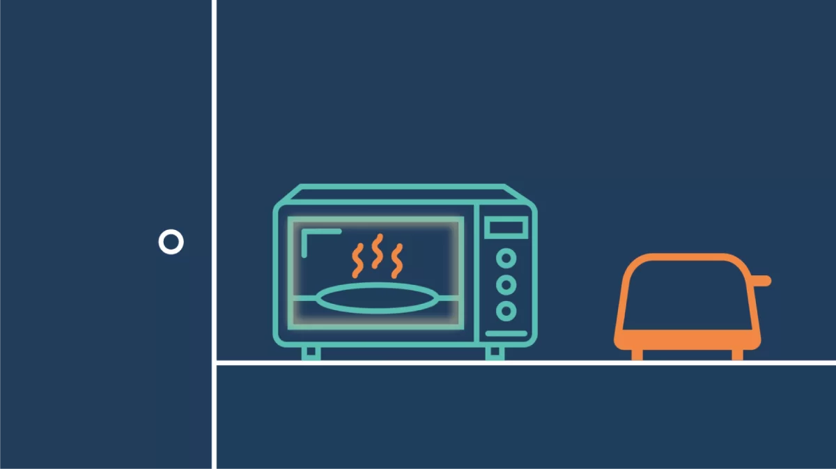 A simple illustration on a blue background shows a microwave oven with steam lines rising from a plate inside, next to an orange toaster. White lines divide the image into sections.
