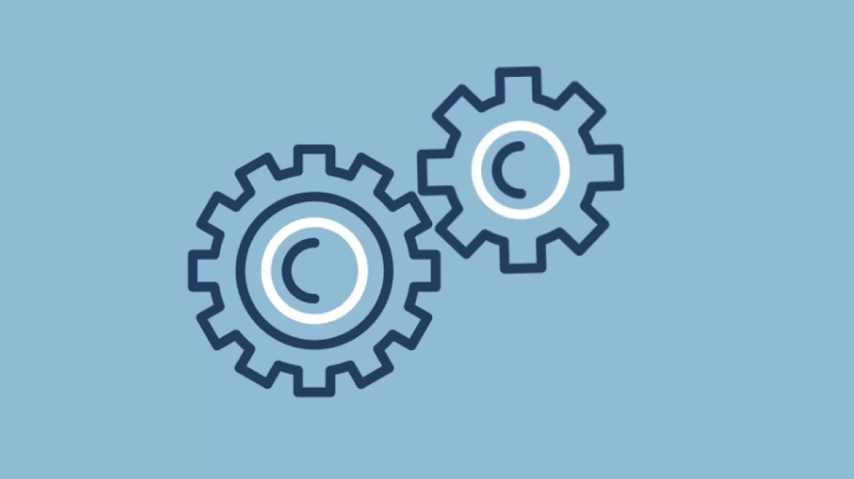 Two dark blue gears with copyright symbols inside them on a light blue background, symbolizing the concept of copyright in mechanical or technical processes.