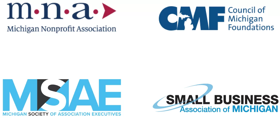 Four logos: Michigan Nonprofit Association, Council of Michigan Foundations, Michigan Society of Association Executives, and Small Business Association of Michigan, each with their organization’s name and unique design.