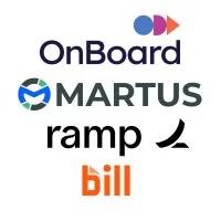 Logos of four companies: OnBoard, MARTUS, ramp, and bill, each displayed in their respective brand styles with unique fonts and icons.