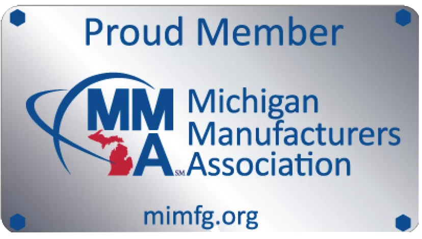 Metal plaque displaying Proud Member with the Michigan Manufacturers Association logo and text, along with the website mimfg.org.