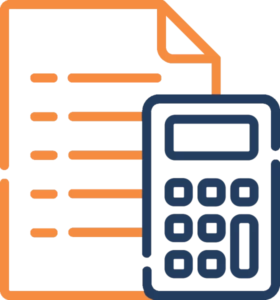 An outlined icon of a document with lines, in orange, next to a blue calculator, representing accounting or financial calculations.