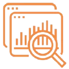 An orange icon of two overlapping screens with bar graphs, and a magnifying glass in front, representing data analysis or analytics.