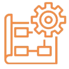 An orange icon of a flowchart diagram on a sheet of paper next to a gear, symbolizing process planning or workflow automation.