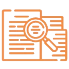 Orange outline icon of stacked documents with text lines, with a magnifying glass positioned over the front page, symbolizing document review or searching through papers.