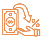 An orange icon of a hand holding a percentage symbol, with a dollar bill and a downward arrow above, representing receiving money or interest, cashback, or financial transactions.