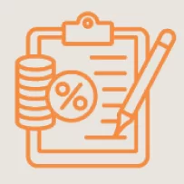 An orange outline icon of a clipboard with paper, a pencil, stacked coins, and a percentage symbol, representing financial planning, budgeting, or interest rates.