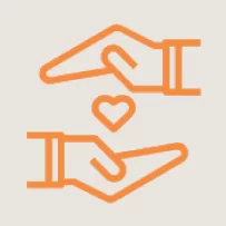 Two orange outlined hands facing each other with a small heart between them, symbolizing care, support, or protection.