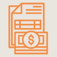 Orange line icon of a document and paper currency with a dollar sign, representing financial transactions, billing, or invoicing.
