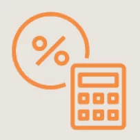 Orange outline icon of a calculator next to a percentage symbol, representing calculations or financial percentages, on a light background.