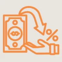 Orange line drawing of a hand holding a dollar bill, with a downward arrow and a percent sign, symbolizing reduced interest rates or financial savings.