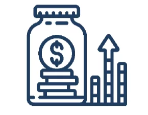 A line drawing of a jar filled with coins, a dollar sign on the jar, and upward-pointing bars with an arrow, symbolizing saving money and financial growth.