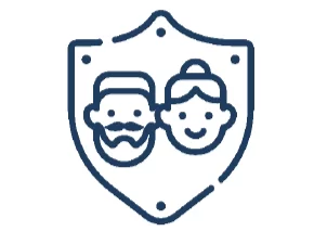 Simple line drawing of a shield with two smiling faces inside, one with a beard and one with hair in a bun, representing protection or security for people.